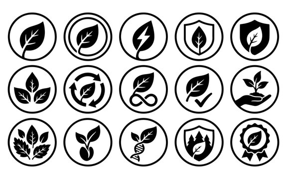 A collection of black and white vector icons featuring a tree leaf design for environmental and sustainability concepts