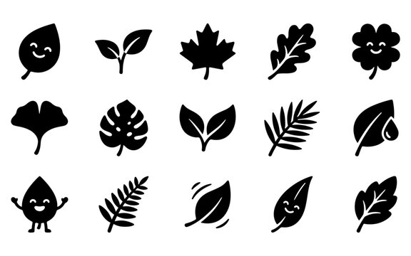A collection of various black silhouette icons featuring different types of tree leaf shapes for nature design projects