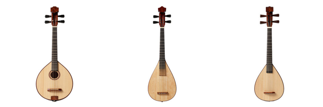 Collection of dombras show the variety of shapes of this traditional instrument