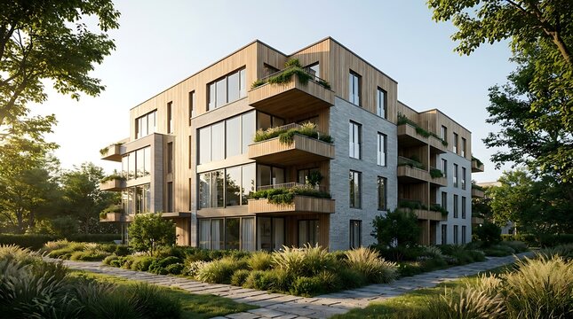 Modern residential building featuring sustainable architecture, large balconies, and abundant green landscaping, offering a tranquil urban living experience with a focus on contemporary design