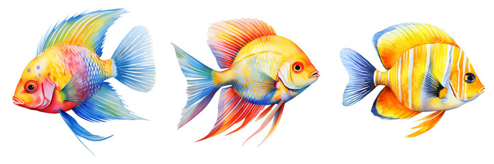Fototapeta premium Three different colorful tropical fish swim against a black background in watercolor style