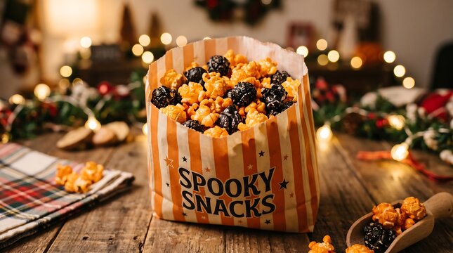 Delicious Halloween themed orange and black popcorn in a striped spooky snacks bag on a rustic wooden table