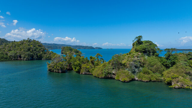 Aerial view of Los Haitises National Park with limestone karst islands in the turquoise waters of Samana Bay, Municipio de Sabana de la Mar, Hato Mayor Province, Dominican Republic.