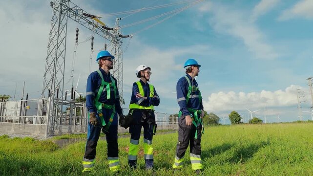 Workers at an electrical substation oversee operations in sunny weather