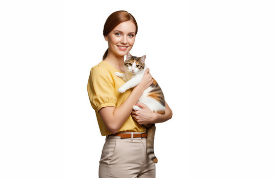 Feline parasite treatment promotion poster showing smiling female specialist holding domestic calico cat on isolated white background for veterinary deworming service or pet clinic medicine sales