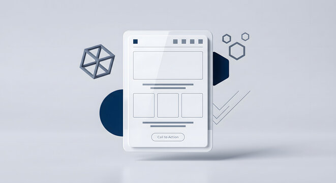 Modern 3d render of a floating mobile website wireframe mockup with geometric shapes.