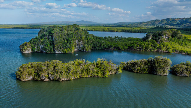 Aerial view of Los Haitises National Park with limestone karst islands and mangrove forests in Samana Bay, Municipio de Sabana de la Mar, Hato Mayor Province, Dominican Republic.