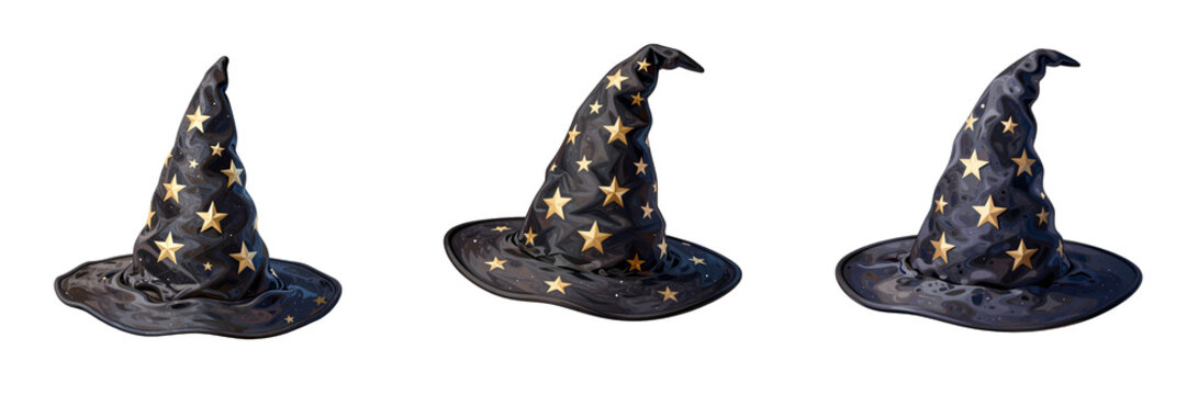 Illustration of three different wizard hats with golden stars on a black background