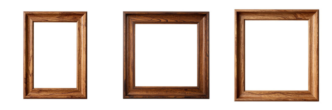 Three empty wooden picture frames of varying shades stand against a black background