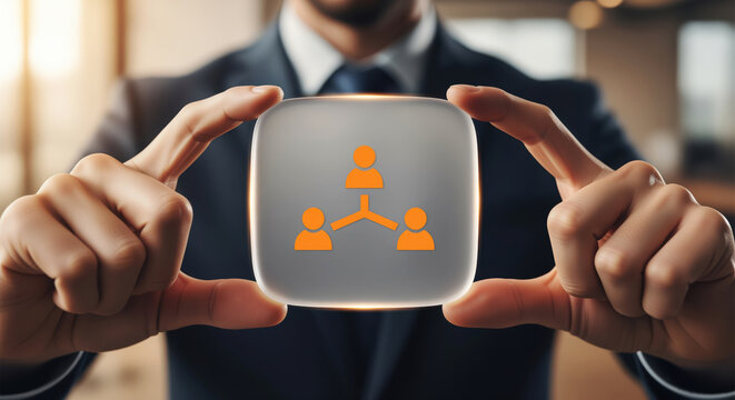 Hierarchy icon linking a leader with two teammates, org structure emblem for management levels, task delegation and clear reporting lines in company handbooks and team building publications