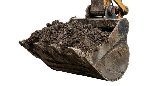 Close-up of excavator bucket filled with soil on black background