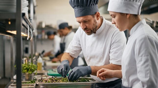 Senior cook trimming sprouts in a deep gastronomy container during a masterclass
