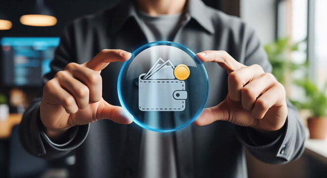 Mobile wallet icon floating in a cool bubble beside a gold coin, cashless emblem about contactless spending, instant transfers and handy balance checks inside online payment publications