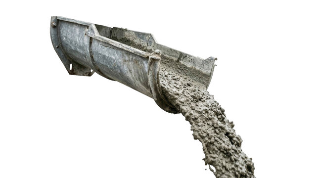 Concrete pouring from metal chute for construction projects