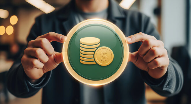 Payout coins icon and a mark of dollar value, reward emblem shining with bonus payments, salary transfers and generous dividend income for banking reward offers and extra income publications