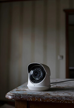 White security camera on a dusty wooden table in a dimly lit room, surveillance and privacy