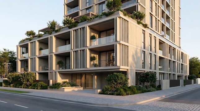 Contemporary residential high-rise building with sleek architectural design and landscaped balconies, embodying modern urban living and elegant city development
