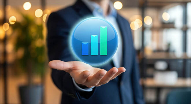 Statistics chart icon sealed in a glossy sphere, numbers emblem steeped in bar columns, survey counts and market figures welcomed by research summaries and data science publications
