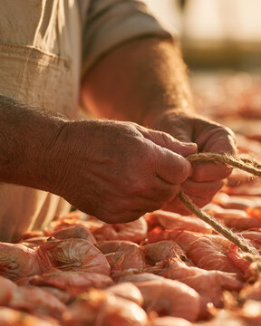 Sun dried shrimp rack with hand holding jute rope in warm sunlight, coastal dock craft close up