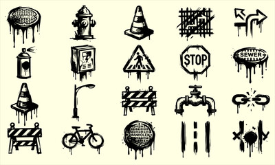 Naklejka premium Set of urban street elements and city infrastructure icons in graffiti style
