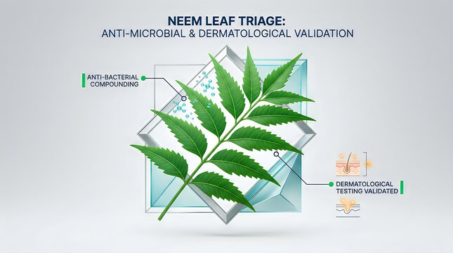 Neem leaf triage 3D illustration with anti microbial compounding molecules and dermatological testing validation diagram