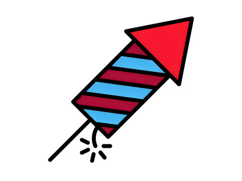 Vector illustration of a colorful firework rocket with a red cone tip and blue and red striped body, isolated on white background