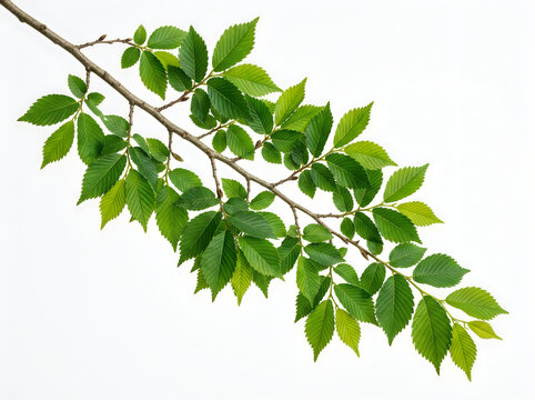 A detailed closeup of a vibrant green elm tree branch with lush, serrated leaves, captured in natural light and isolated on white background