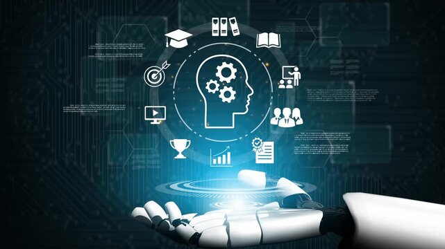 Futuristic robotic hand holding virtual icons representing technology, education, success, and teamwork in a digital learning environment Gluon.