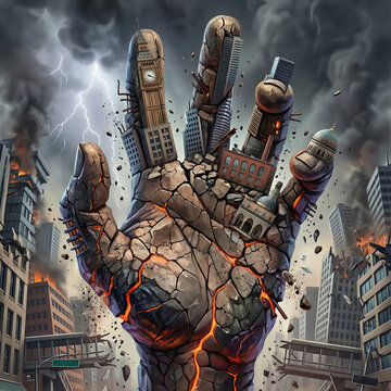 Giant stone hand rising from crumbling city during earthquake disaster. Surreal concept of tectonic shift and urban destruction. Global catastrophe with burning buildings and lightning.