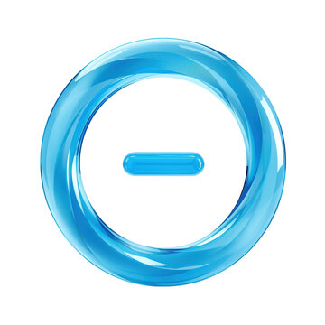 Glossy blue minus sign inside a circular glass frame isolated on black background, for digital user interfaces isolated on a transparent background