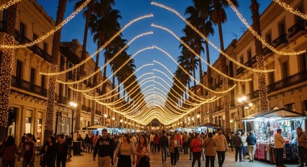 Naklejka premium Vibrant evening market scene with festive lights and bustling crowds under a decorated archway.