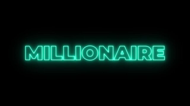 Flickering neon glowing millionaire text animated on black background. neon millionaire text animation.4k motion graphics video