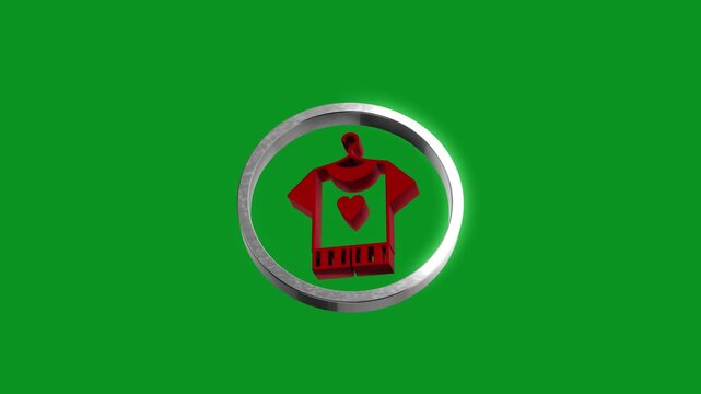 Red tshirt icon with heart design rotating inside metallic ring on green screen background.