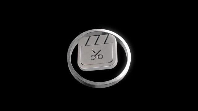 Silver movie clapperboard icon with scissors rotating in 3d space against black background.