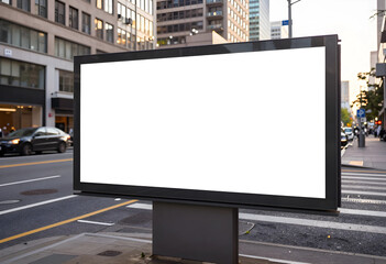 Fototapeta premium Blank outdoor billboard on a city street with buildings and traffic in the background, advertising and marketing, this versatile display is various messages in a metropolitan environment
