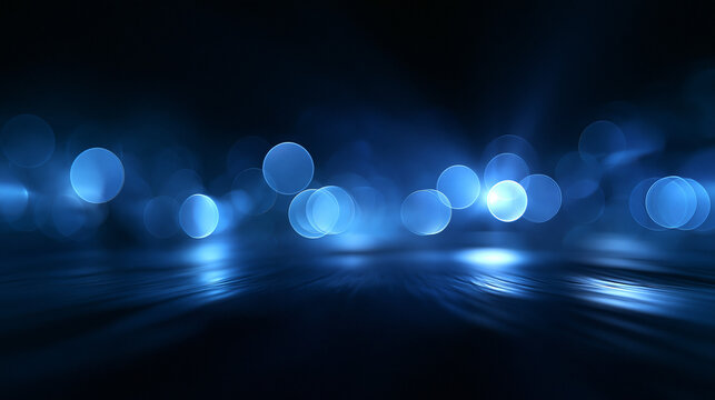 Abstract Blue Bokeh Lights on Dark Reflective Surface
