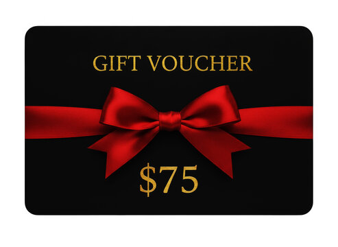 Black gift voucher card with a red ribbon bow and seventy five dollar value text