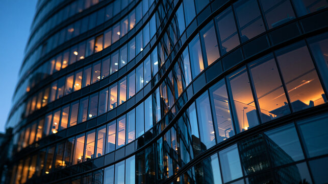 Modern Glass Office Skyscraper Facade Illuminated at Dusk