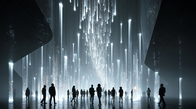 Silhouettes of People Walking in Futuristic Digital Light Hall
