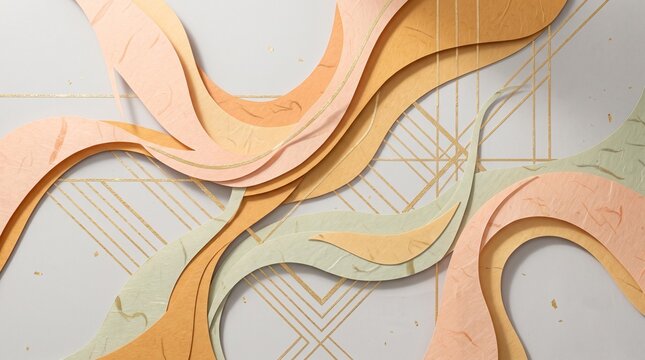 Abstract Paper Cut Background with Gold Lines and Layered Waves