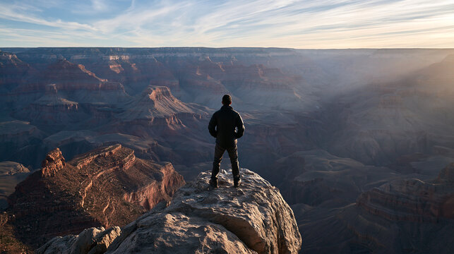 Man Standing on Cliff Overlooking Grand Canyon at Sunrise