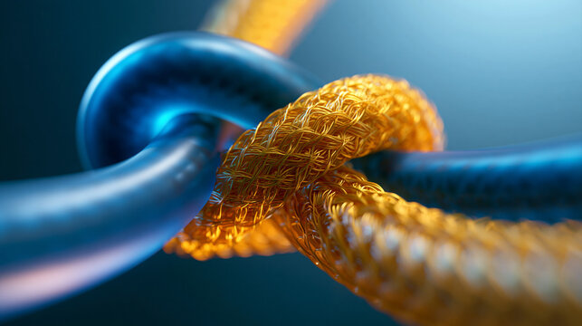 Tight Knot of Golden and Blue Cables Symbolizing Connection and Security
