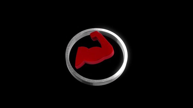 Red bicep muscular arm icon rotating inside silver circle isolated on black background.