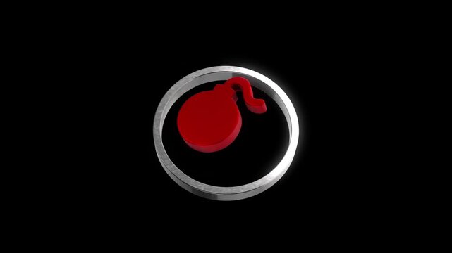 3d render of red bomb icon spinning inside chrome ring isolated on black background for motion graphic design.