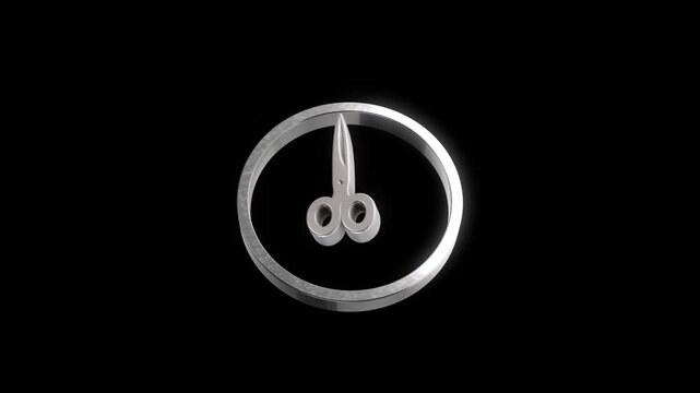 Metallic silver scissor icon spinning on a black background loop.