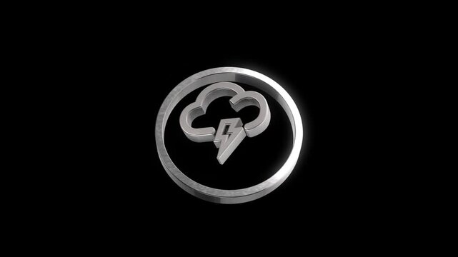 Metallic silver thunderstorm icon spinning in circular frame on black background for weather forecasting motion graphics.