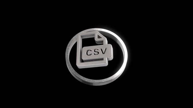 Metallic CSV file icon spinning in silver ring on black background showing data processing motion graphics.