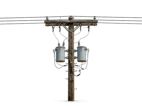 Utility pole with two electrical transformers and power lines isolated on white background