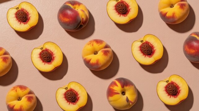 Fresh peaches sliced and whole arranged in a pattern on a soft beige background with sharp sunlight cast shadows