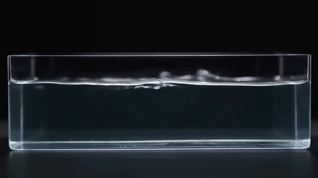 Slow motion static shot of glass tank water sloshing across surface on dark studio tabletop